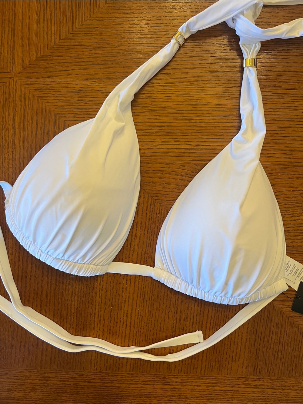 Ralph Lauren White Triangle Halter Bikini Top with Gold Accents Size 12.    B34